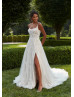Beaded Spaghetti Straps Ivory 3D Lace Tulle Slit Chic Wedding Dress